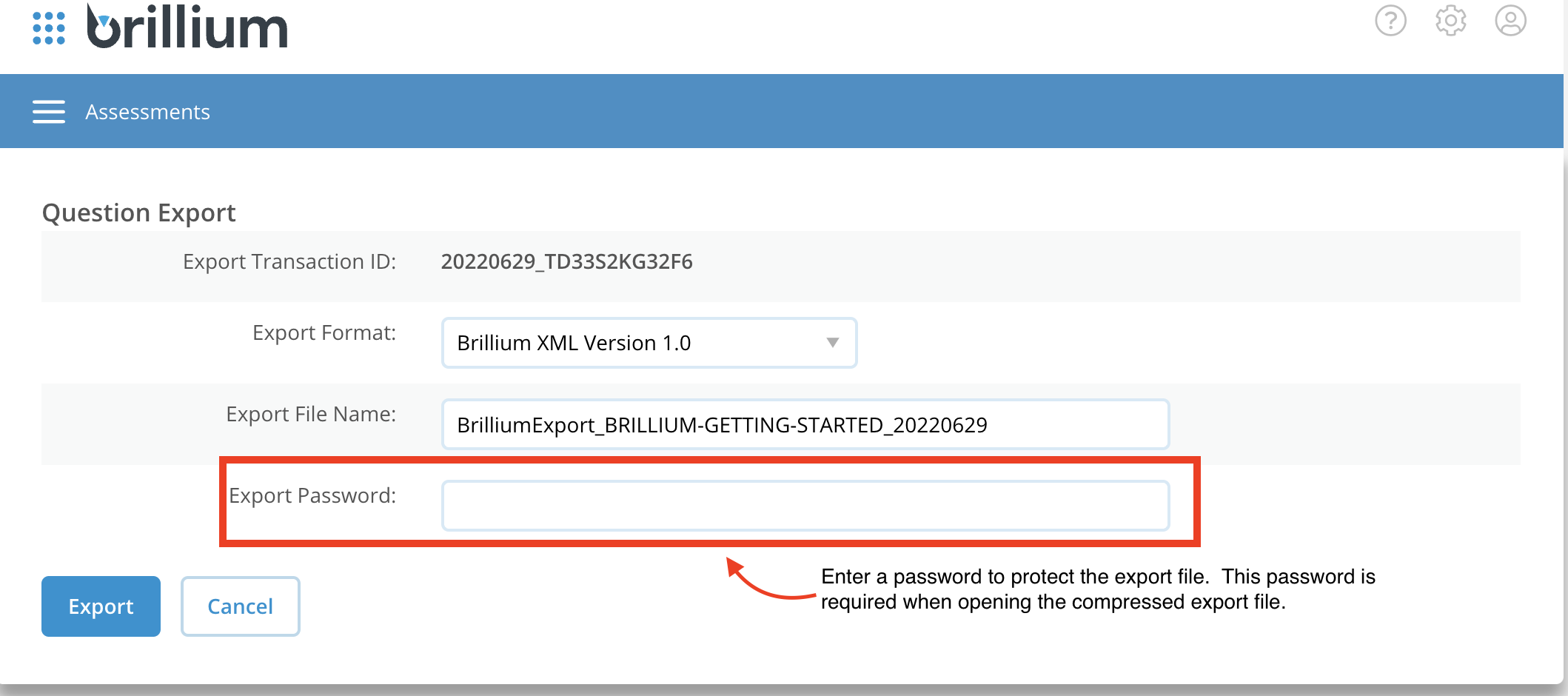 Assessment Export Options screen with Export password highlight