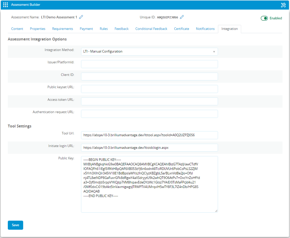 Brillium LTI Configuration tab screen