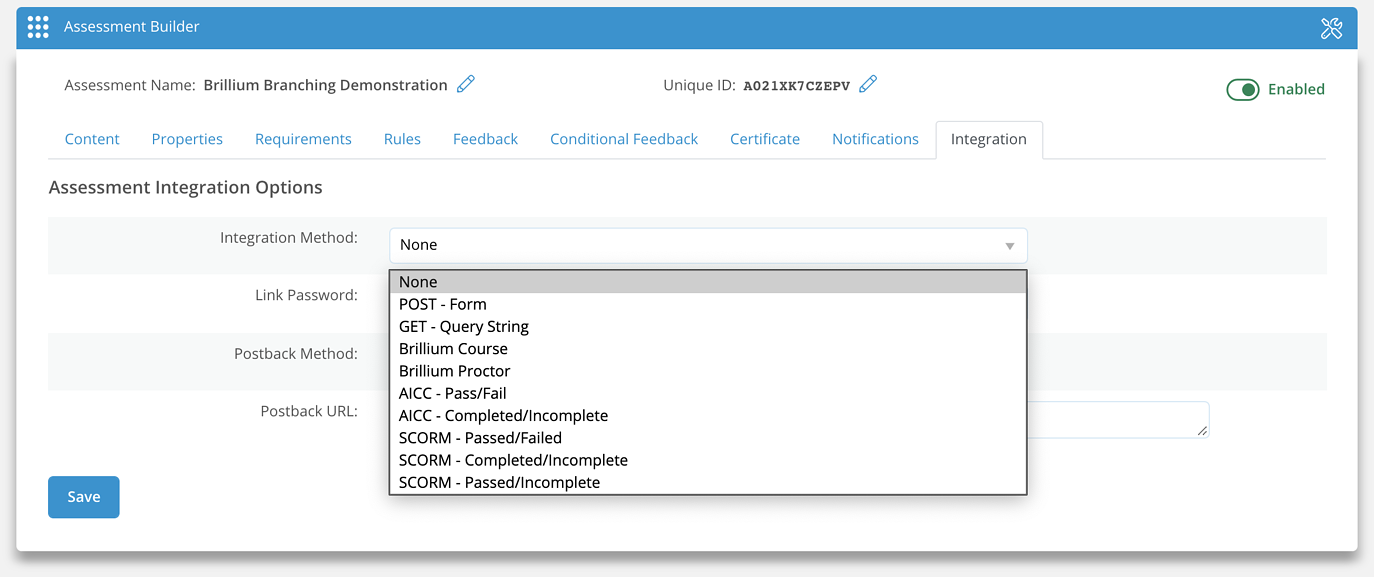 Assessment Integration Options screen