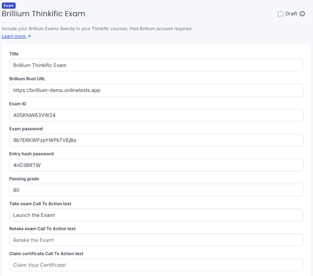 Example Brillium Thinkific Exam Lesson Configuration (Reference)