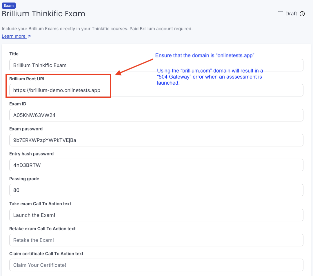 Image showing where to update a Brillium Exam Lesson Root URL