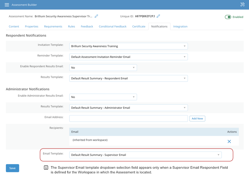 Supervisor Email Template selection dropdown on the assessment Notifications tab