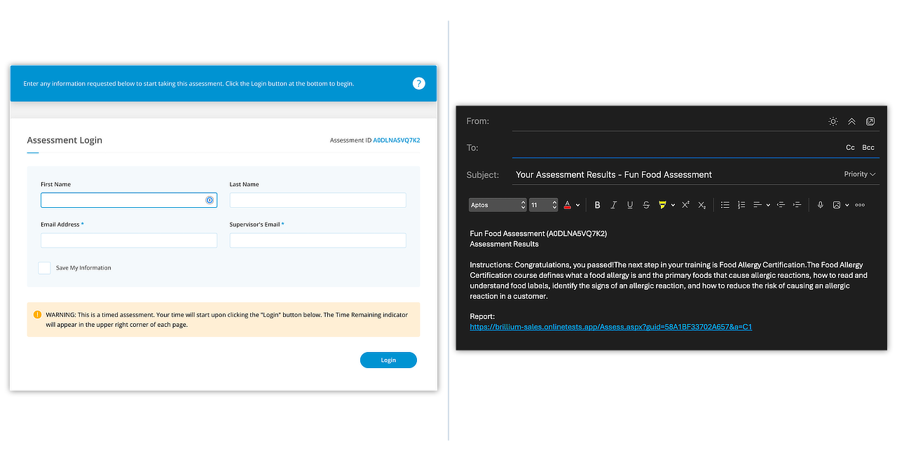 The assessment entry screen showing Supervisor email field and a sample email with the resulting Assessment Review Report link.