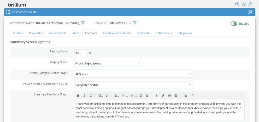 Brillium Assessment Builder - Feedback tab