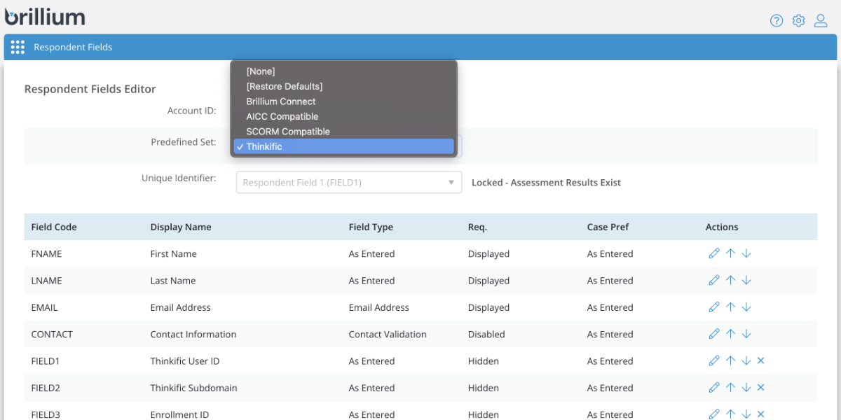 Brillium Thinkific Respondent Fields dropdown list